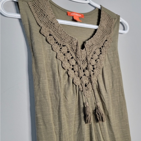 Sage Green Boho Dress with Crochet Collar and Tassel Ties - Picture 3 of 3
